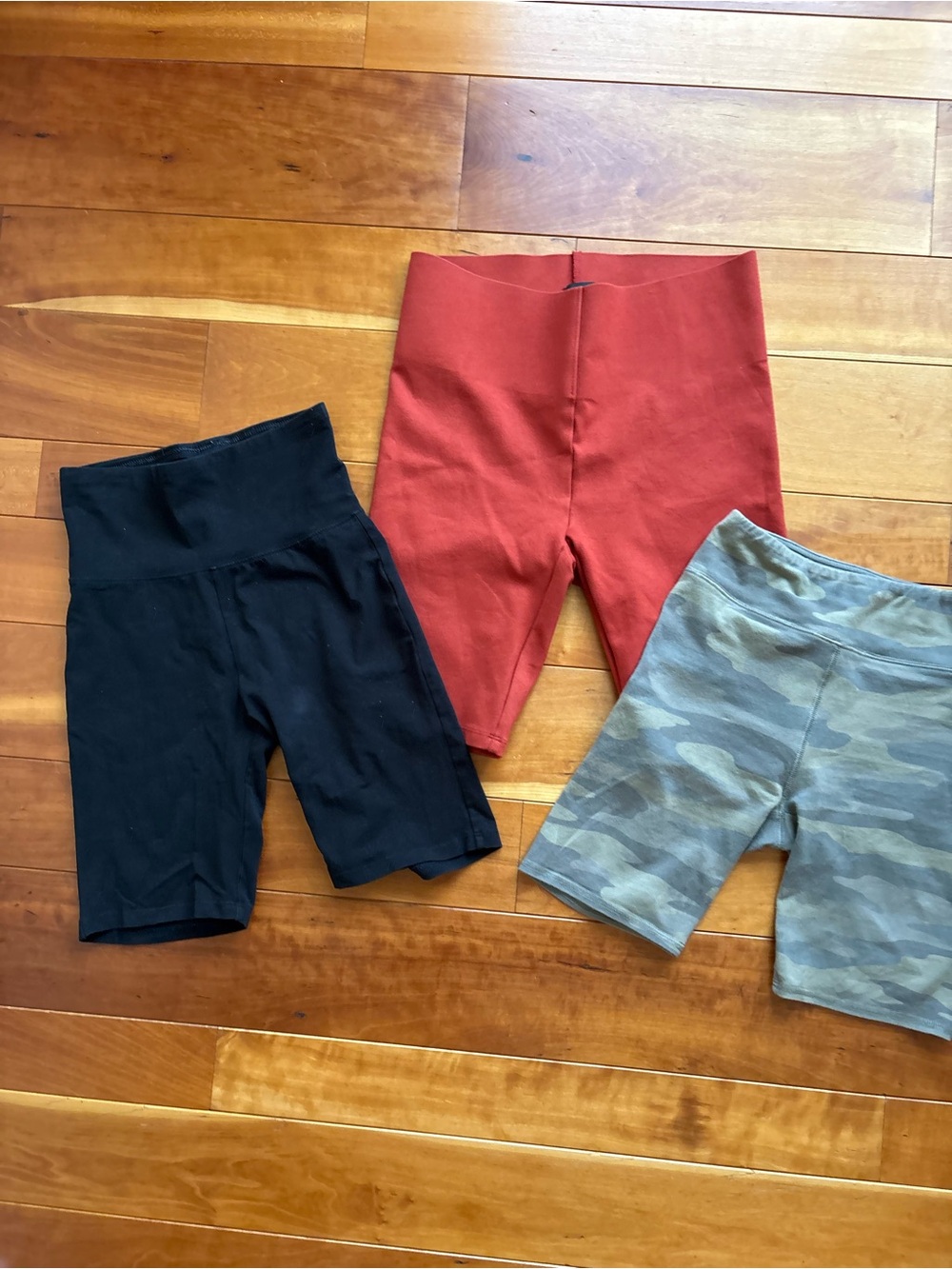Nice Athletic Biker Shorts Trio - Black, Rust Orange, Green Camo Good Clean